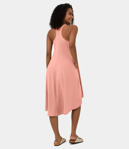 Midi Casual Dress With Backless Racerback And Side Pocket