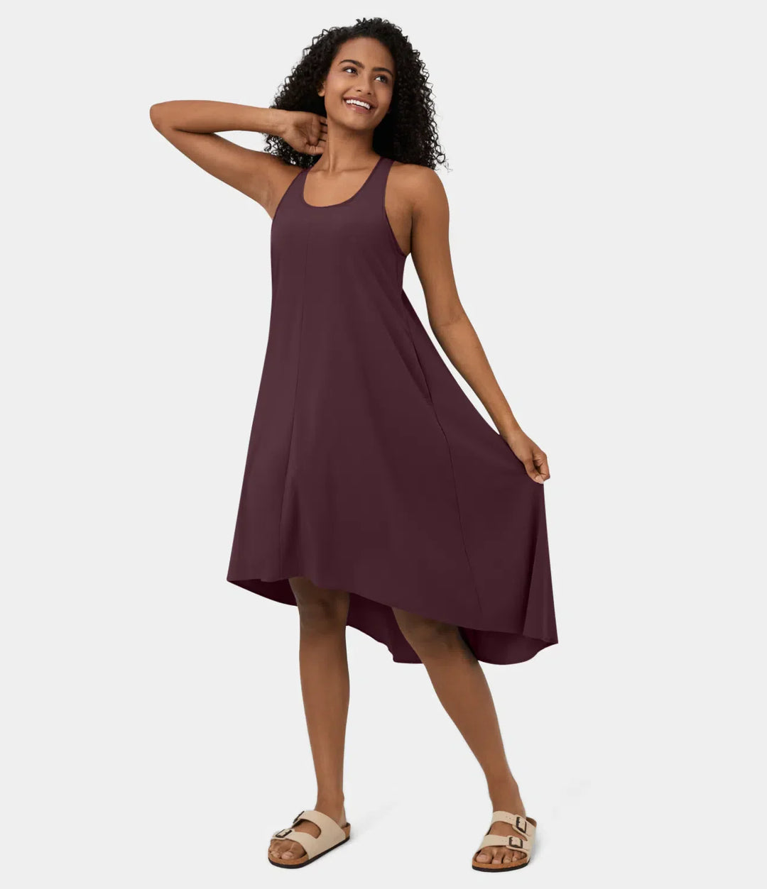 Midi Casual Dress With Backless Racerback And Side Pocket