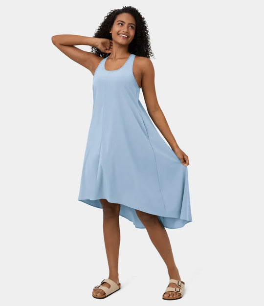 Midi Casual Dress With Backless Racerback And Side Pocket