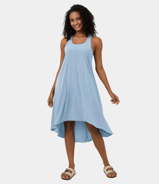 Midi Casual Dress With Backless Racerback And Side Pocket