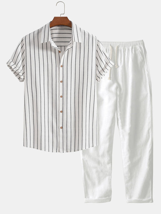Cotton blend striped button up shirt and straight leg linen pants