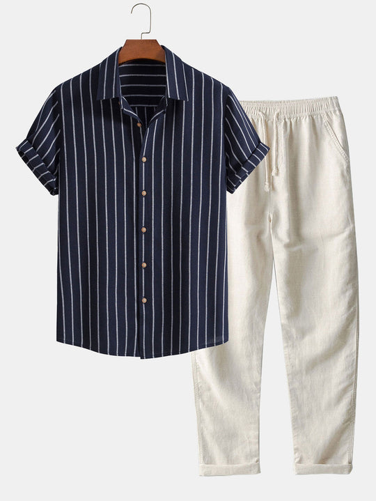 Cotton blend striped button up shirt and straight leg linen pants