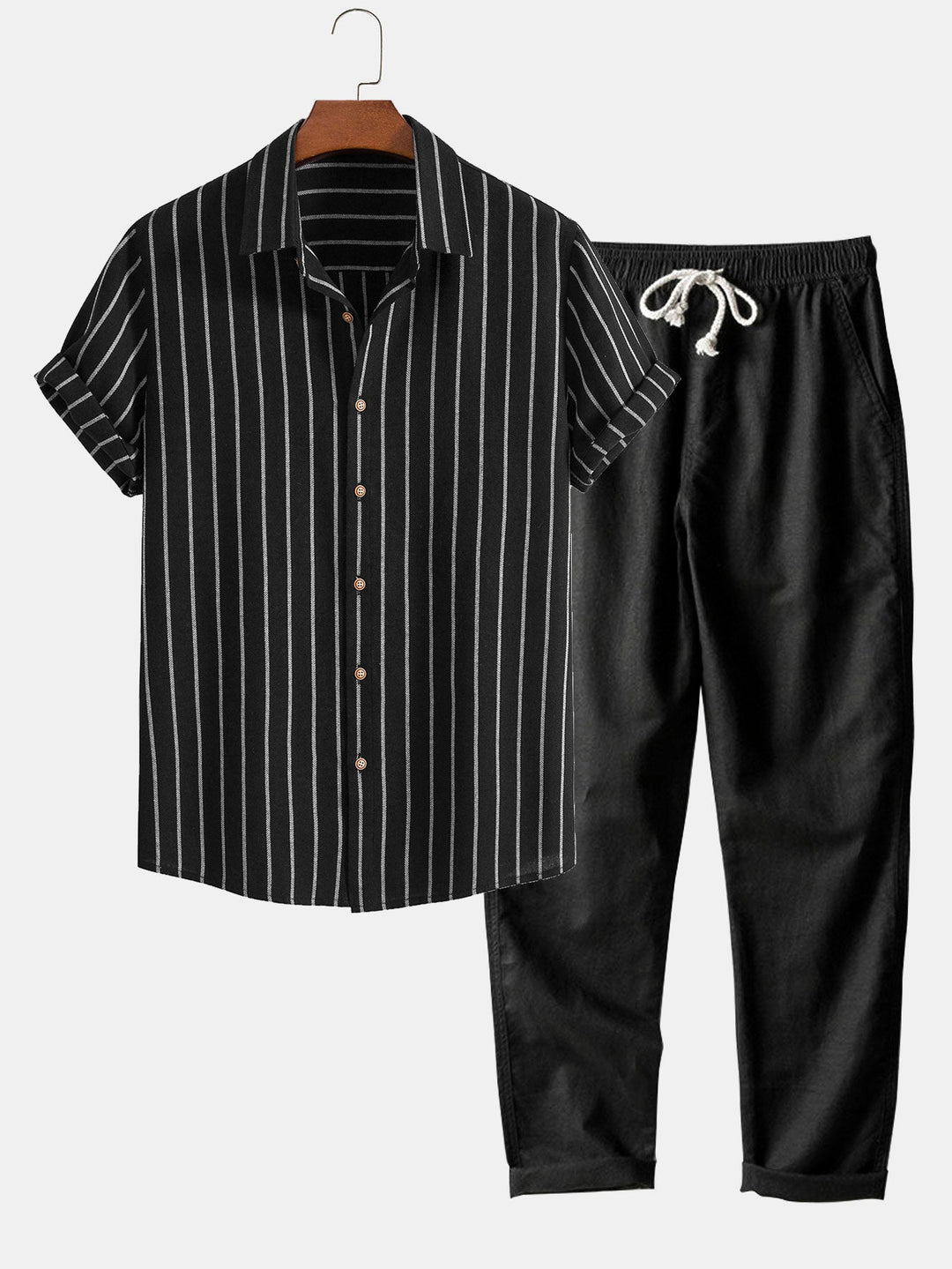 Cotton blend striped button up shirt and straight leg linen pants