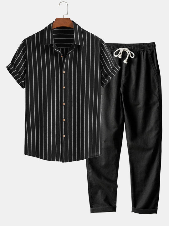 Cotton blend striped button up shirt and straight leg linen pants