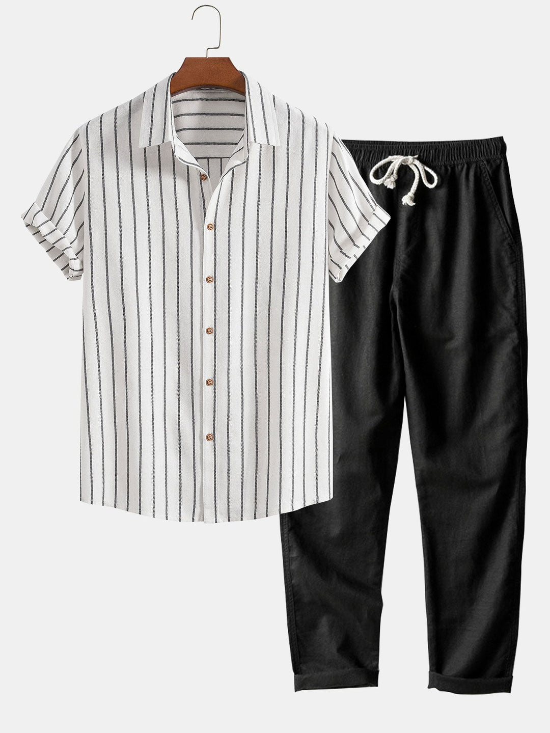 Cotton blend striped button up shirt and straight leg linen pants