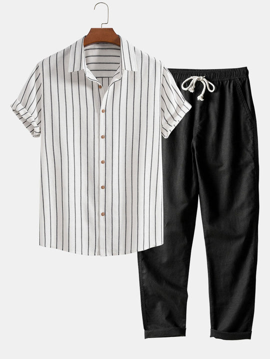 Cotton blend striped button up shirt and straight leg linen pants