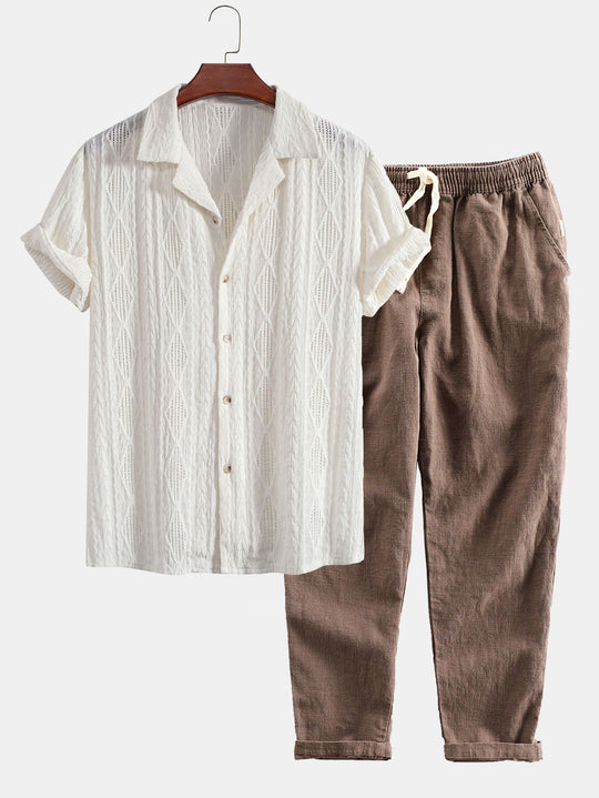 Geometric Jacquard Cuban shirt and linen cotton blend cropped pants
