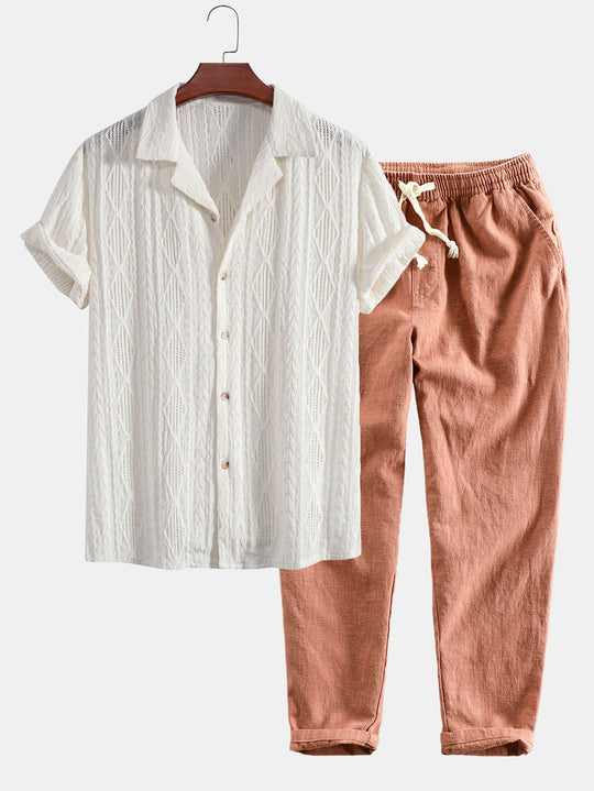 Geometric Jacquard Cuban shirt and linen cotton blend cropped pants