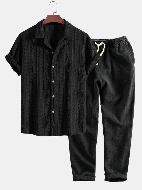 Geometric Jacquard Cuban shirt and linen cotton blend cropped pants