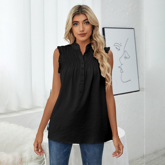 High Collar Button Ruffled Sleeves Less Blouse
