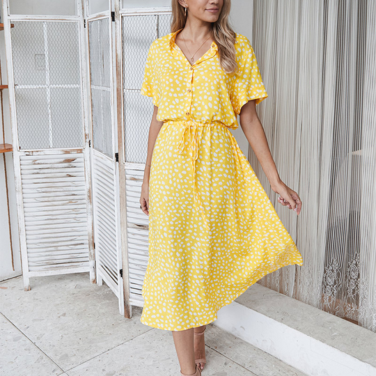 Shirt Collar Waist Tie Dot Print Maxi Dress