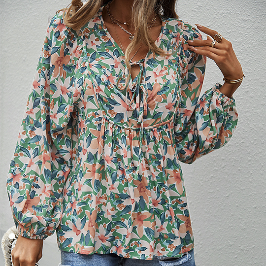 Hawaiian Print Flared Bottom Blouse