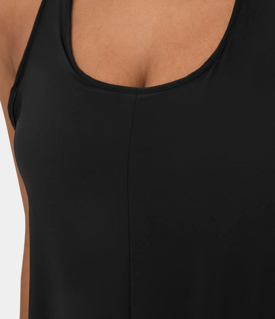 Midi Casual Dress With Backless Racerback And Side Pocket