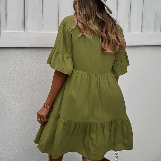 Semi Collar Flared Short Sleeves Midi Drees