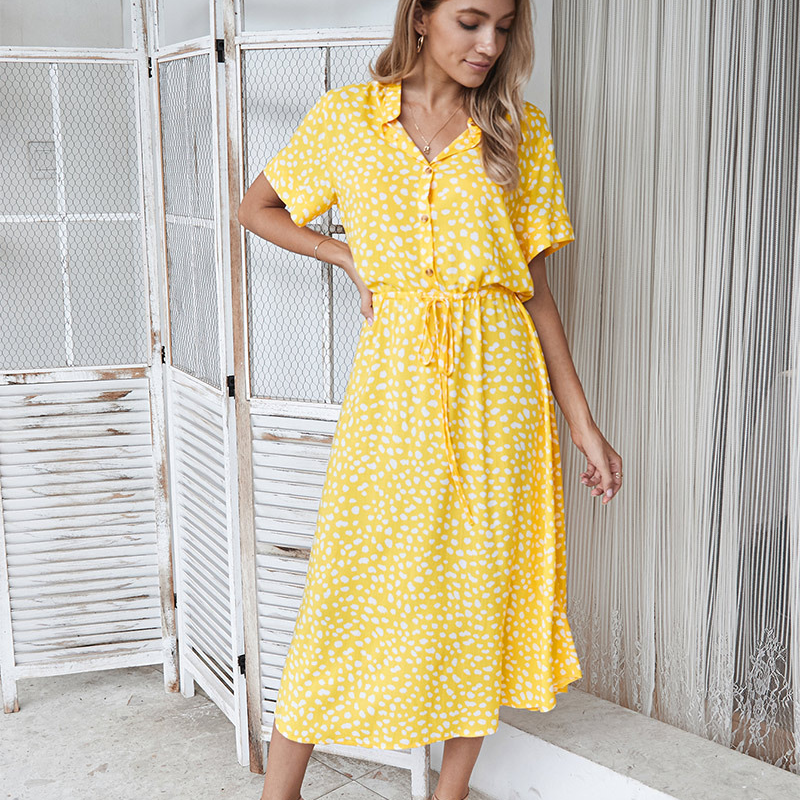 Shirt Collar Waist Tie Dot Print Maxi Dress