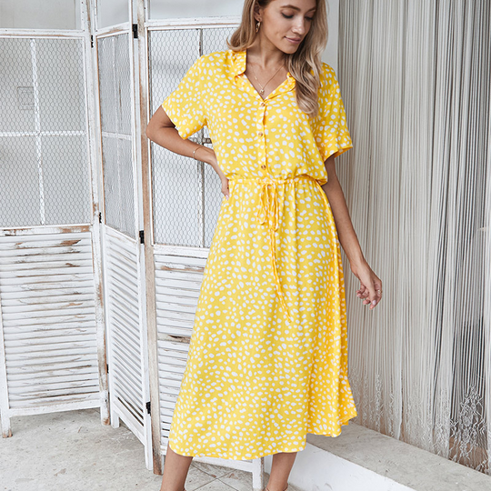 Shirt Collar Waist Tie Dot Print Maxi Dress