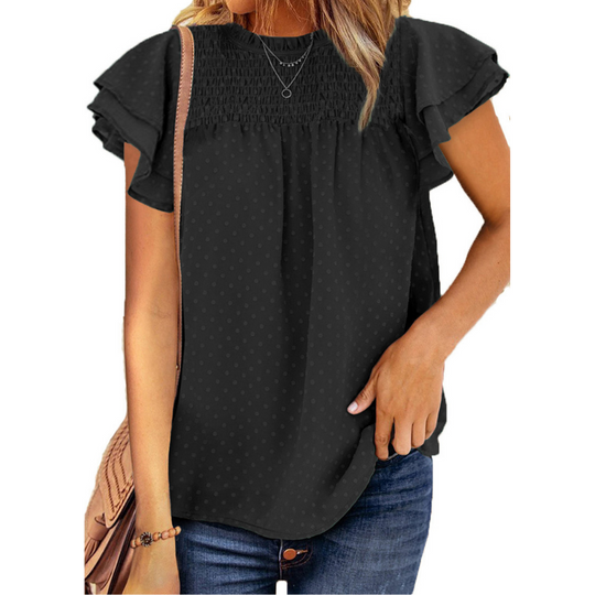 Flounce Cap Sleeves Dot Print Blouse