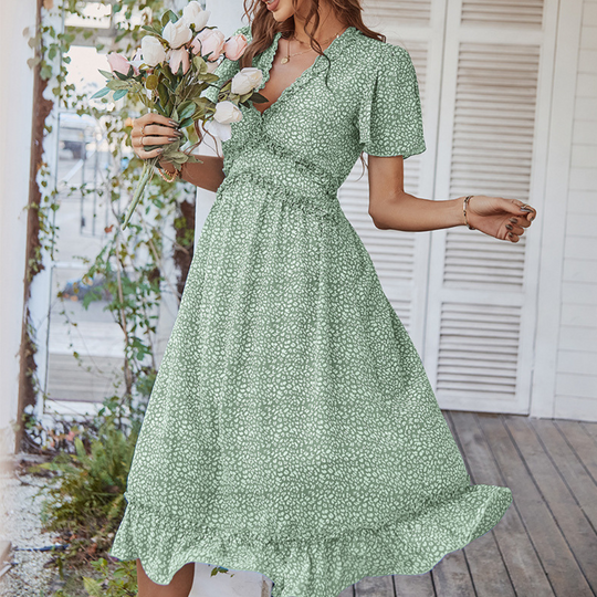 Pleated Ruffle Neck And Waist Dots Print Maxi Dress