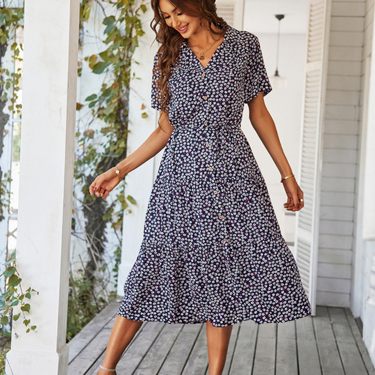 V-Neck Waist Belt Floral Print Maxi Dress