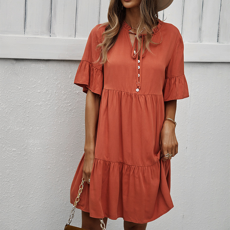 Semi Collar Flared Short Sleeves Midi Drees