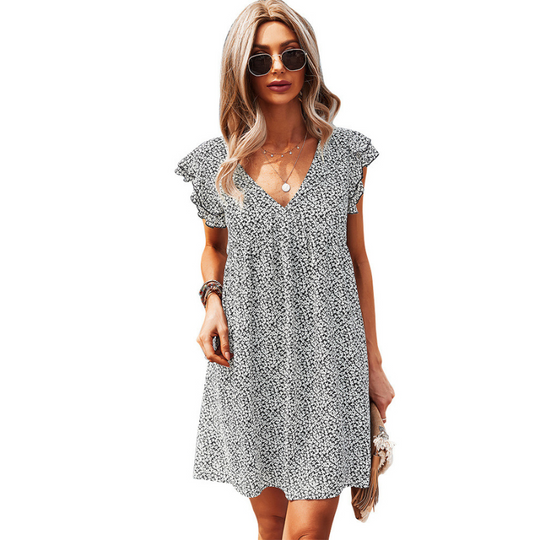Frill Short Sleeves Knee Length Deep V-neck Casual Dress