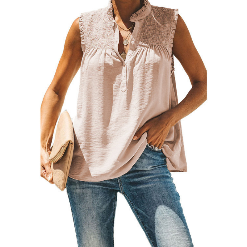 High Collar Button Ruffled Sleeves Less Blouse