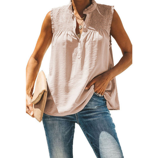 High Collar Button Ruffled Sleeves Less Blouse