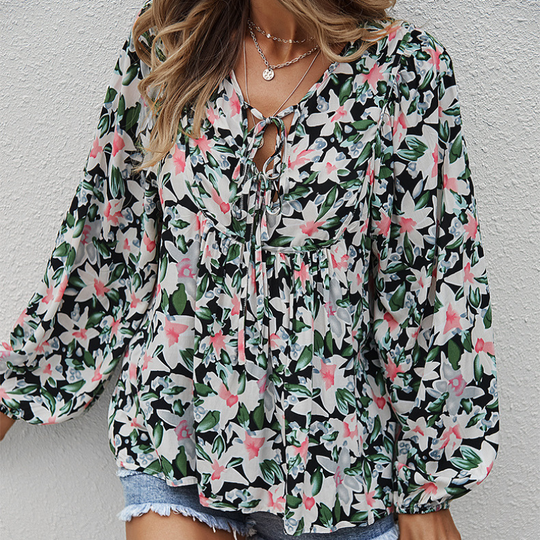 Hawaiian Print Flared Bottom Blouse