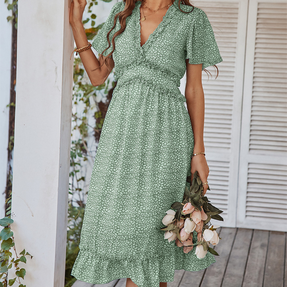 Pleated Ruffle Neck And Waist Dots Print Maxi Dress