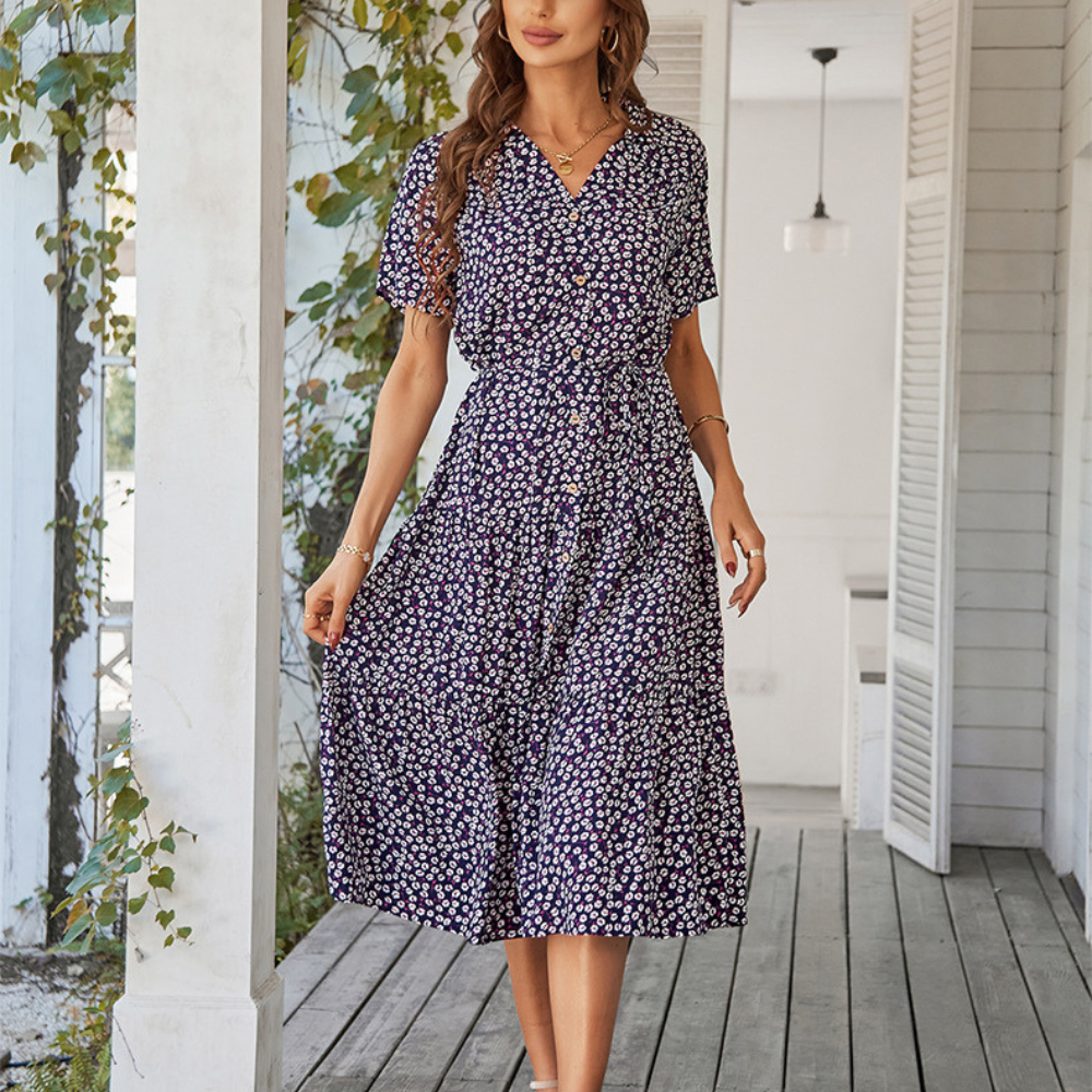 V-Neck Waist Belt Floral Print Maxi Dress