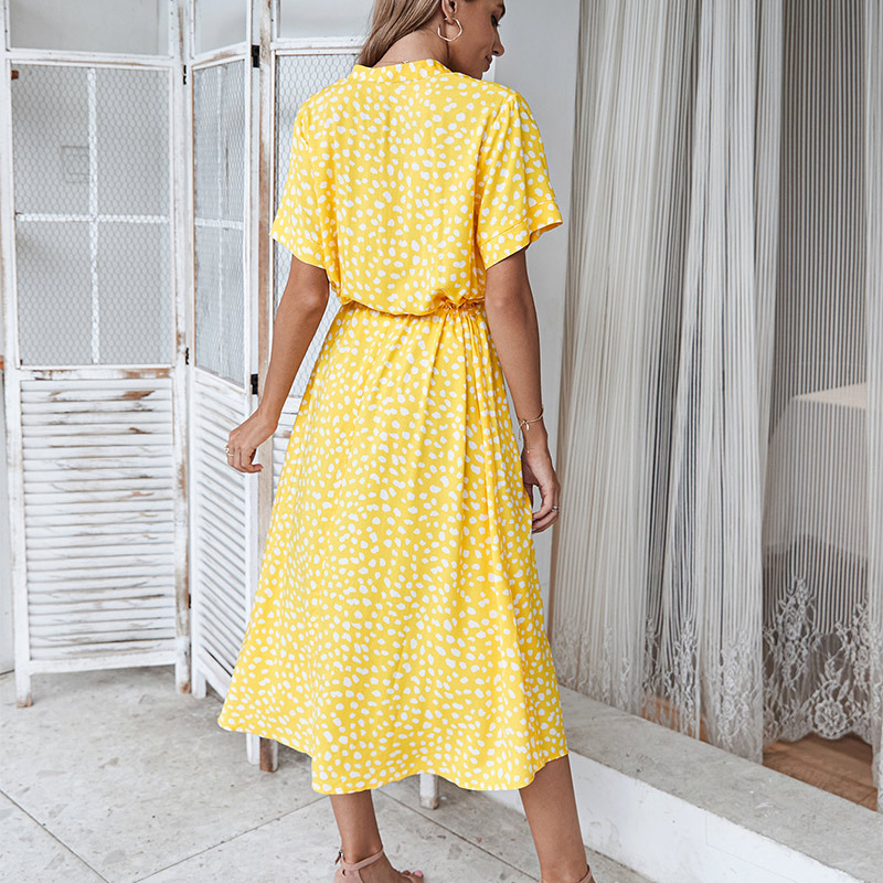 Shirt Collar Waist Tie Dot Print Maxi Dress