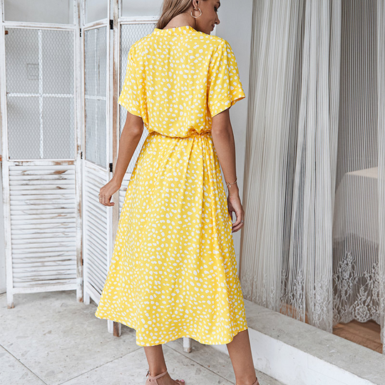 Shirt Collar Waist Tie Dot Print Maxi Dress