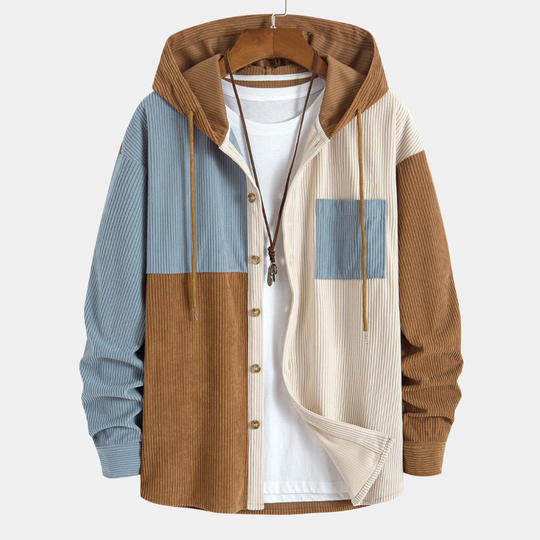 Laurent™ - Colorblock corduroy hooded shirt