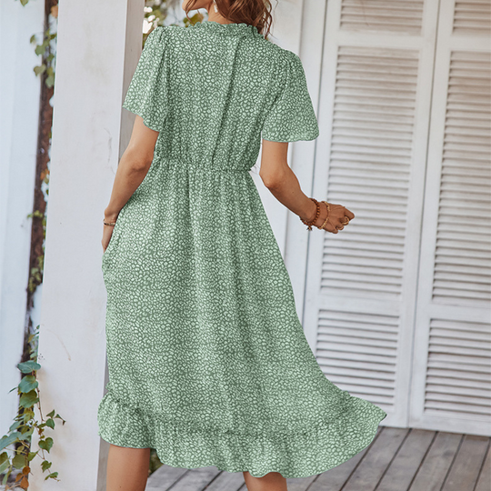 Pleated Ruffle Neck And Waist Dots Print Maxi Dress