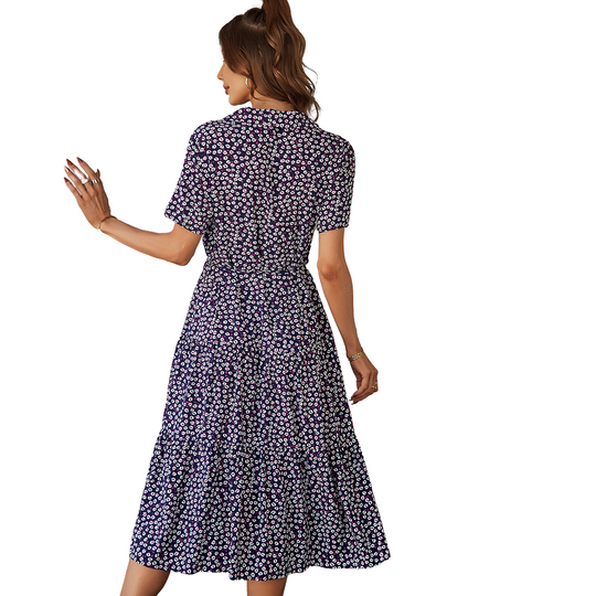 V-Neck Waist Belt Floral Print Maxi Dress