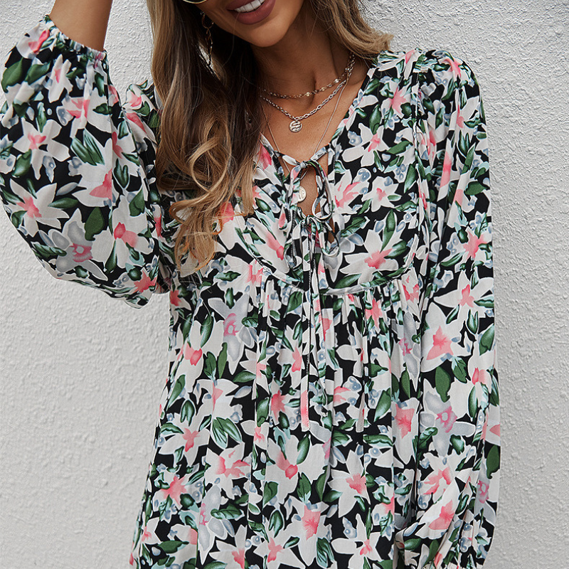 Hawaiian Print Flared Bottom Blouse
