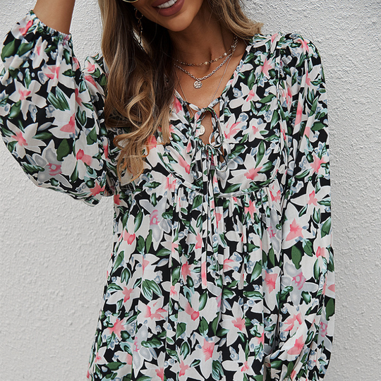 Hawaiian Print Flared Bottom Blouse