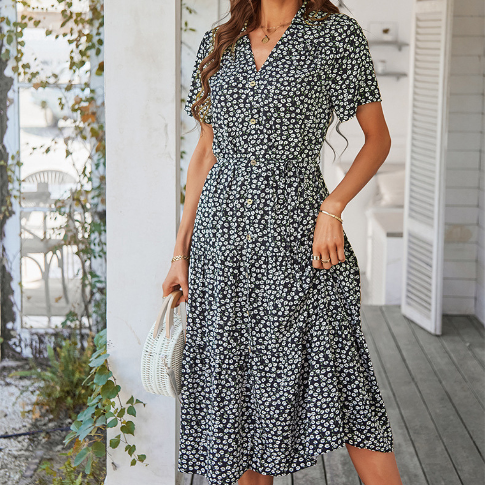 V-Neck Waist Belt Floral Print Maxi Dress