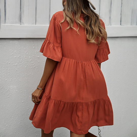 Semi Collar Flared Short Sleeves Midi Drees