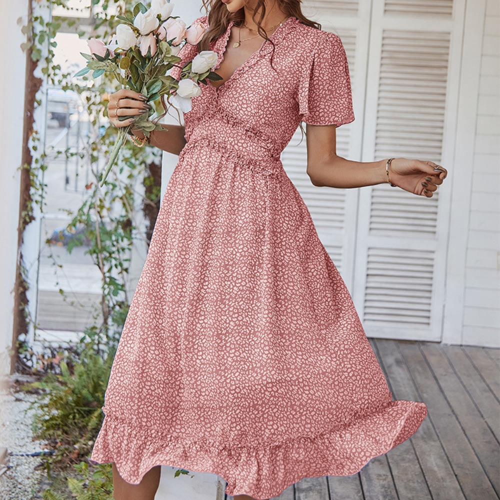 Pleated Ruffle Neck And Waist Dots Print Maxi Dress
