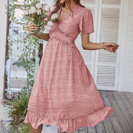 Pleated Ruffle Neck And Waist Dots Print Maxi Dress