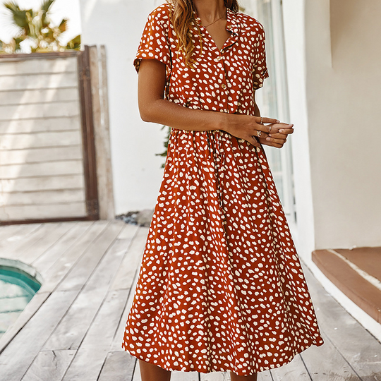Shirt Collar Waist Tie Dot Print Maxi Dress