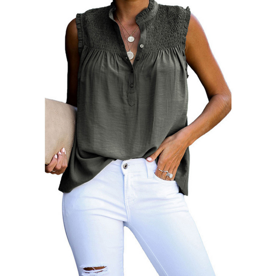 High Collar Button Ruffled Sleeves Less Blouse