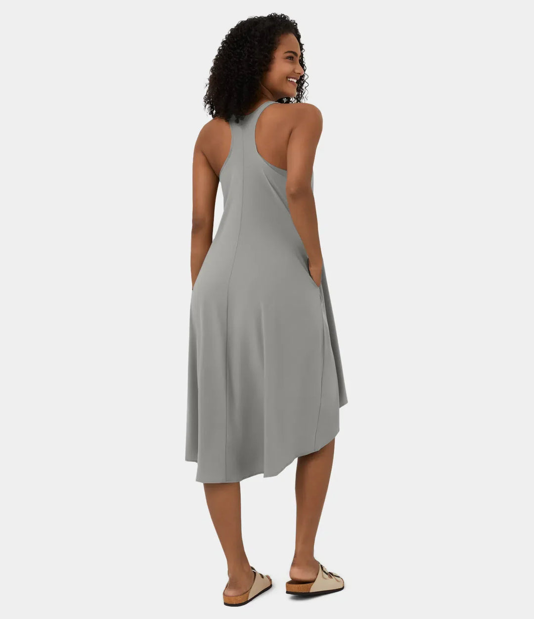 Midi Casual Dress With Backless Racerback And Side Pocket