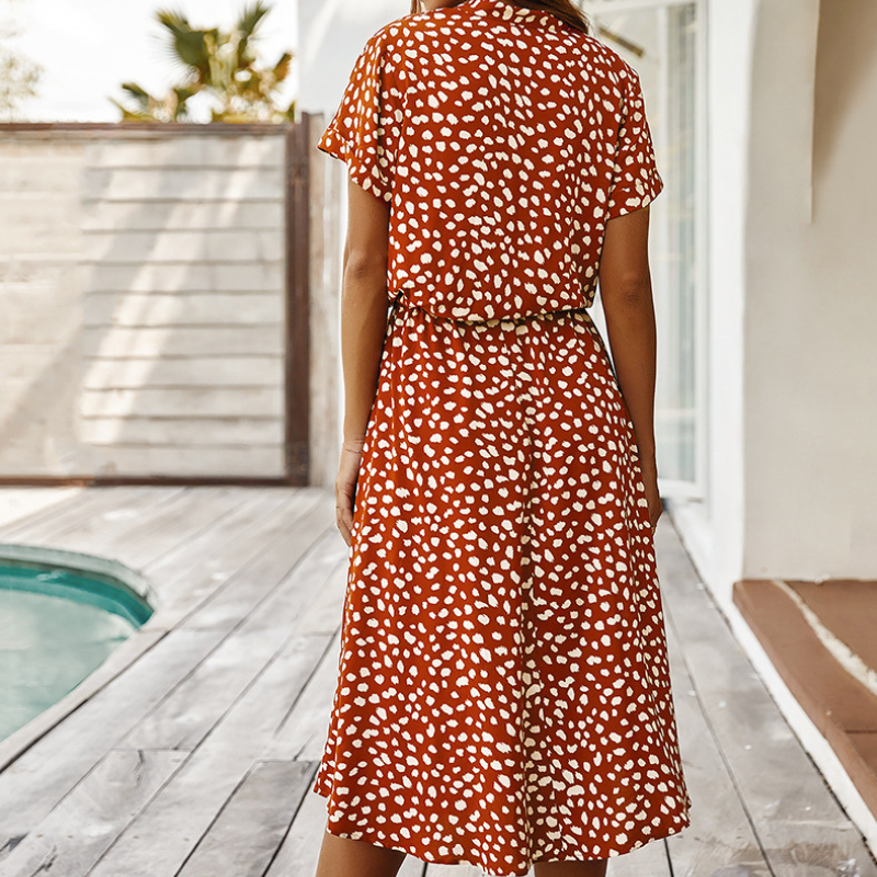 Shirt Collar Waist Tie Dot Print Maxi Dress