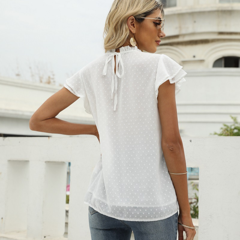 Flounce Cap Sleeves Dot Print Blouse