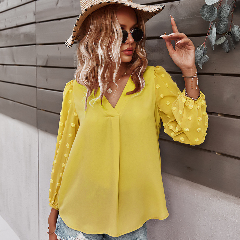 Textured Full Sleeves V-Neck Semi Formal Blouse