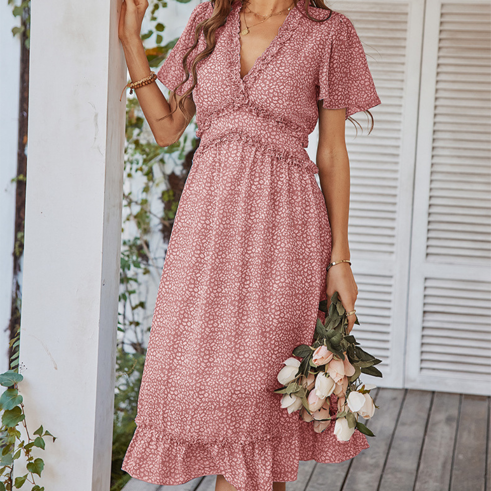 Pleated Ruffle Neck And Waist Dots Print Maxi Dress