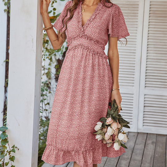 Pleated Ruffle Neck And Waist Dots Print Maxi Dress