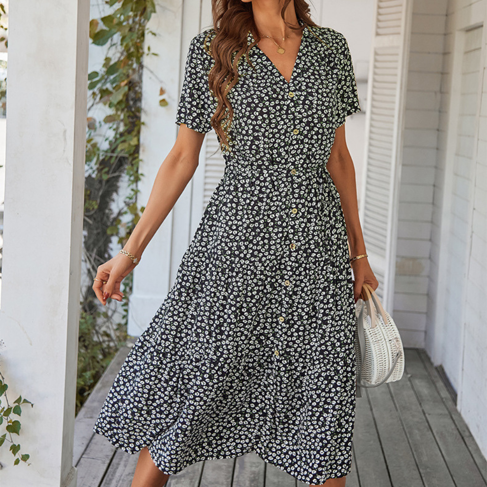 V-Neck Waist Belt Floral Print Maxi Dress
